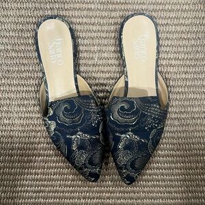 Franco Sarto Jacquard Gold and Black Pointy Mules